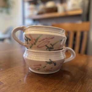 2 Vintage 1980’s Design Art Pottery Large Soup Mugs Handmade Signed 16 Oz
